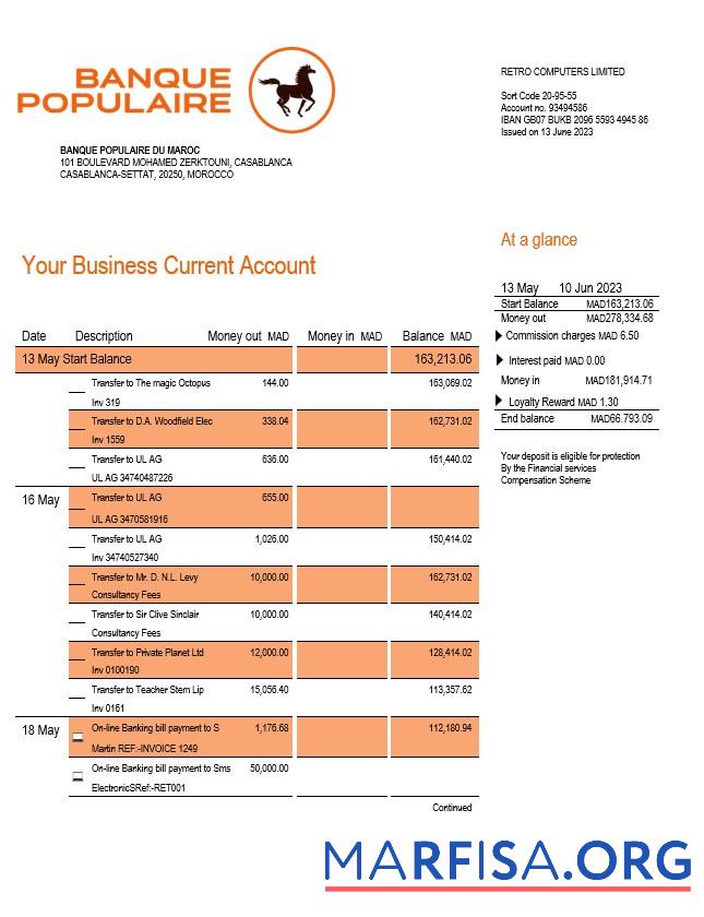 Downloadable Banque Populaire du Maroc business statement Word and PDF template